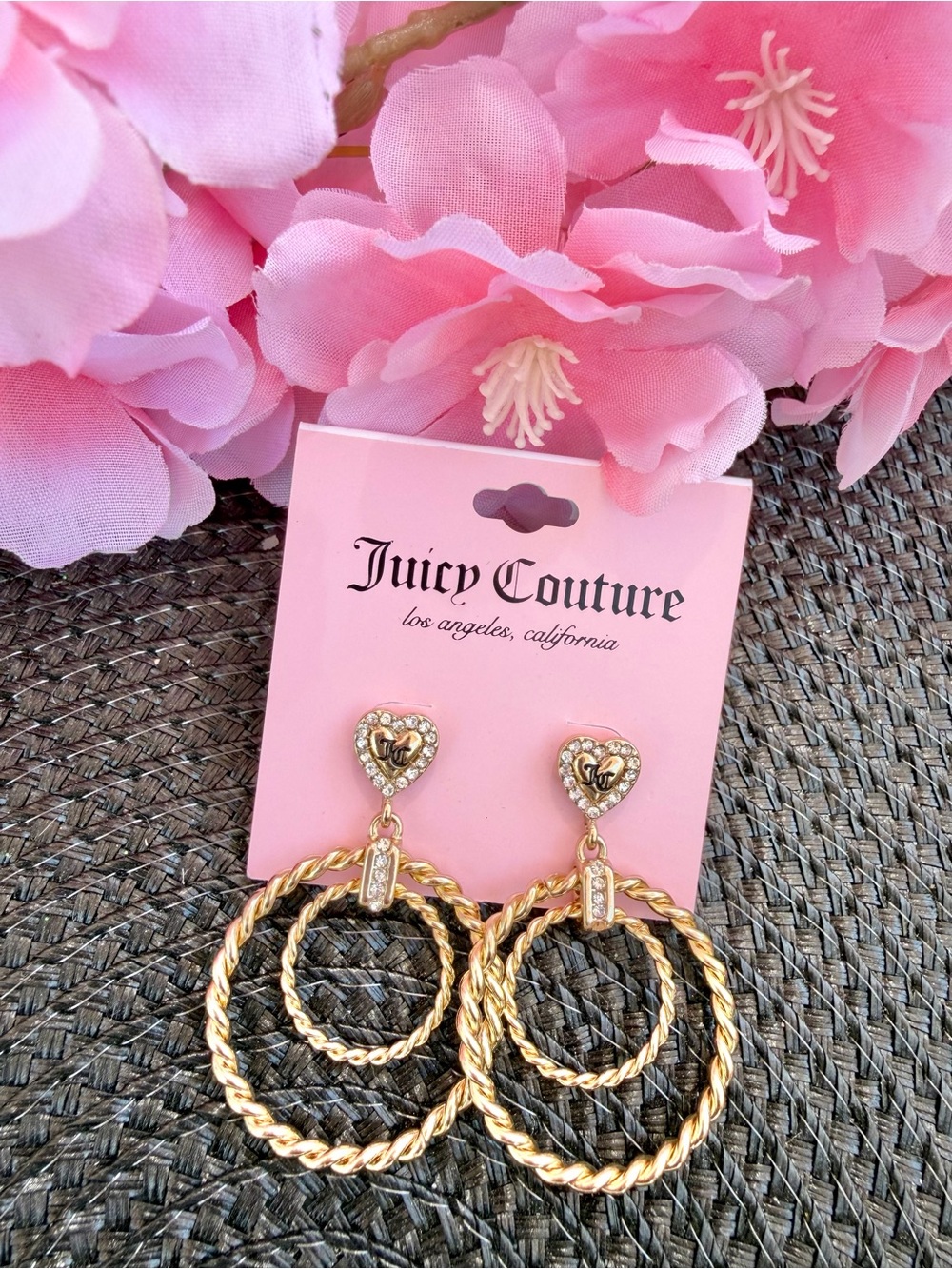 Juicy Couture Gold and Pink Heart Double Hoop Drop Earrings